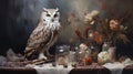Photorealistic Still Life Painting Of An Owl On A Table