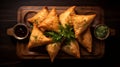 Photorealistic Still Life: Top View Of Samosa Slices On Wooden Tray Royalty Free Stock Photo