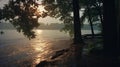 Photorealistic Sunrise Image On A Lake With Trees In Kodak Portra Style