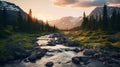Photorealistic Sunset Scene Of Forest Stream In Donald Pass