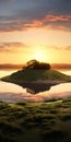 Photorealistic Sunset: A Serene Island In The Middle Of A Lake