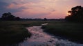 Photorealistic Sunset: A Southern Countryside River Flowing Through A Grassy Marsh