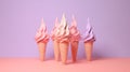 Photorealistic surrealism style ice cream cones displayed on a colour pastel backdrop, creating an artistic composition.