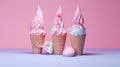 Photorealistic surrealism style ice cream cones displayed on a colour pastel backdrop, creating an artistic composition.