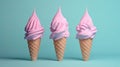 Photorealistic surrealism style ice cream cones displayed on a colour pastel backdrop, creating an artistic composition.