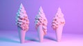 Photorealistic surrealism style ice cream cones displayed on a colour pastel backdrop, creating an artistic composition.