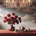 Elegant Tabletop Scene: Red Dahlias, Tea, and Chandelier Glow Royalty Free Stock Photo