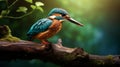 Photorealistic Underwater Kingfisher Perched On Branch In Green Forest