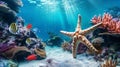 Photorealistic Underwater Sea With Starfishes, Coral, And Fish