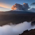 Photorealistic volcano with smokey plumes