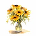 Photorealistic Watercolor Illustration Of Black Eyed Susan Bouquet In Vase