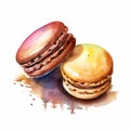 Photorealistic Watercolor Painting Of Macarons With Chocolate Glaze