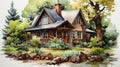 Photorealistic Watercolor Painting Of Woodland House