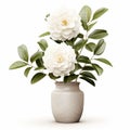 Photorealistic White Camellias In Modern Ceramic Vase