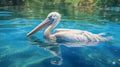 Photorealistic White Pelican Swimming In Blue Water