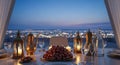 Photorealistic view captures a traditional Iftar table dates and brassware on a rooftop overlooking Royalty Free Stock Photo