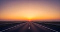 Photorealistic illustration of an empty highway leading to a massive cinematic golden hour sunset ha Royalty Free Stock Photo