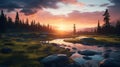 Photorealistic Wilderness Landscape At Golden Hour