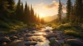 Photorealistic Wilderness Landscape At Golden Hour Royalty Free Stock Photo