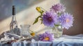 Photorealistic Wildlife Art: A Lively Tableau Of Flowers, Bottle, And Knife
