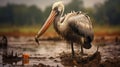 Photorealistic Wildlife Art: The Majestic Pelican In A Muddy Lake