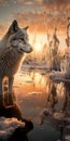 Photorealistic Wolf In Shallow Water At Sunset Royalty Free Stock Photo