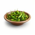 Photorealistic Wooden Bowl With Green Chilis And Okra