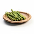 Photorealistic Wooden Plate With Green Celery And Okra