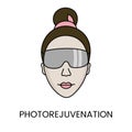 Photorejuvenation icon in vector, illustration of a young woman in protective glasses. Royalty Free Stock Photo