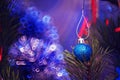 Photo Christmas toys. New Year. Festive background. Christmas tree for the holiday.