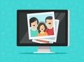 Photos on computer screen vector illustration, flat cartoon photo cards on pc display, idea of photography gallery