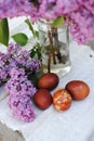 Photos of Easter eggs on the background of branches of lilac