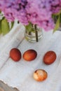 Photos of Easter eggs on the background of branches of lilac