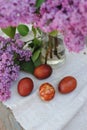 Photos of Easter eggs on the background of branches of lilac