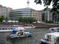 Photos with groups of tourists and vacationers summer season on the river cruise ships and taxis on the river Spree