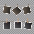 Photos hanging on rope attached clothespins. Blank realistic instant photo icons template isolated on transparent