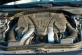 Photos of the Mercedes Benz SL550 convertible on the road. View of the car engine Royalty Free Stock Photo