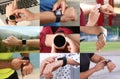 Photos of people with smart watches, closeup. Collage design Royalty Free Stock Photo