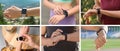 Photos of people with smart watches, closeup. Collage design Royalty Free Stock Photo