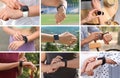 Photos of people with smart watches, closeup view. Collage design Royalty Free Stock Photo