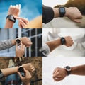 Photos of people using different smart watches, closeup. Collage design Royalty Free Stock Photo