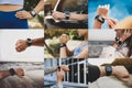 Photos of people using different smart watches, closeup. Collage design Royalty Free Stock Photo