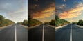 Photos before and after retouch, collage. Beautiful view of empty asphalt highway