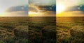 Photos before and after retouch, collage. Hay block on mowed field