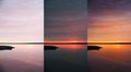 Photos before and after retouch, collage. Picturesque view of sunset at river