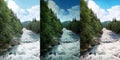 Photos before and after retouch, collage. Wild mountain river flowing along rocky banks in forest