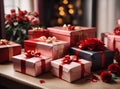 Photos of stylish gift boxes ready to be exchanged on Valentine\'s Day.