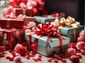 Photos of stylish gift boxes ready to be exchanged on Valentine\'s Day.