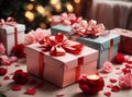 Photos of stylish gift boxes ready to be exchanged on Valentine\'s Day.