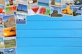 Photos from summer vacation, beach, traveling, holiday and copyspace on wooden board